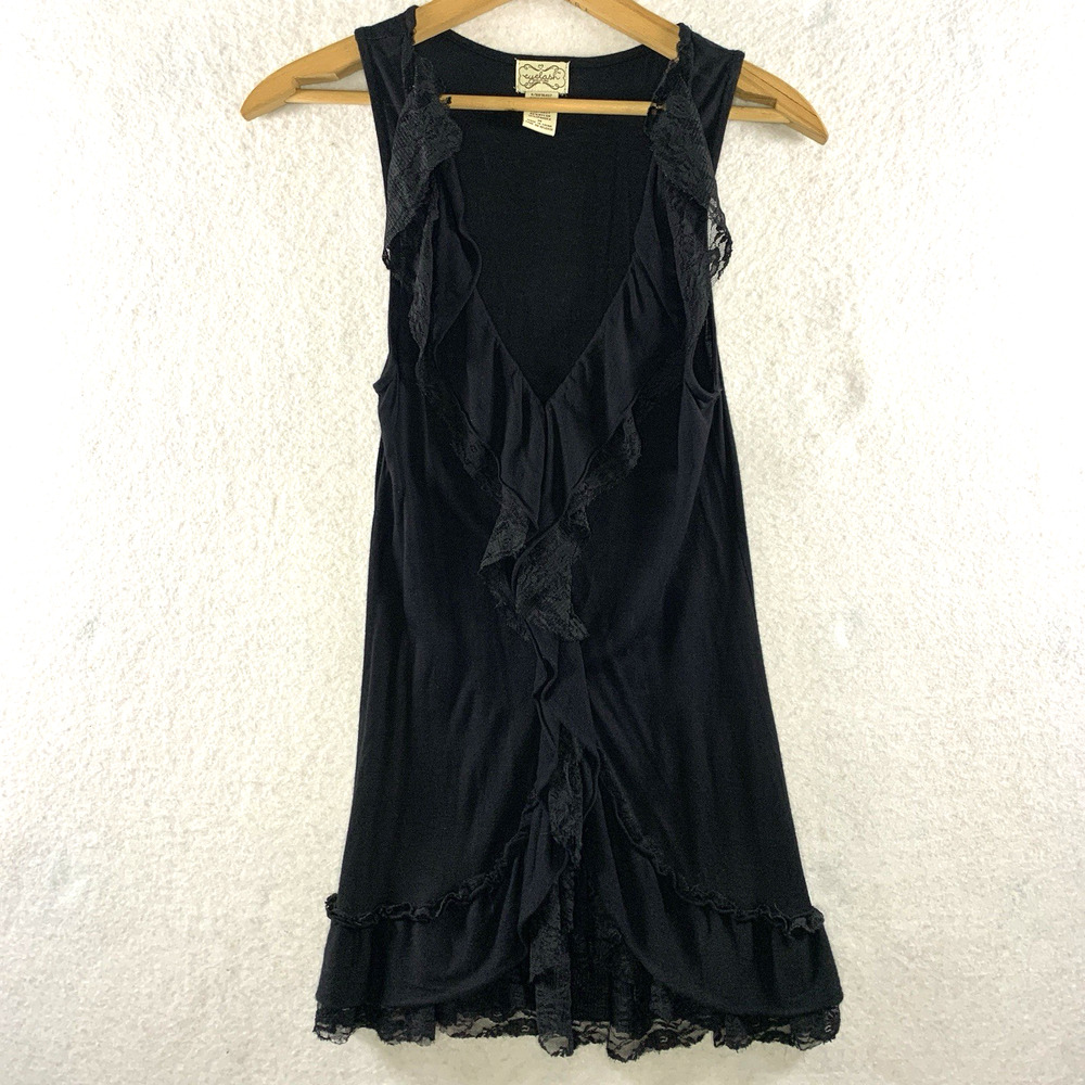 Eyelash Womens Tunic‎ Top Sz Black Lace Trim Ruffle Y2K Whimsigoth Dark Romantic